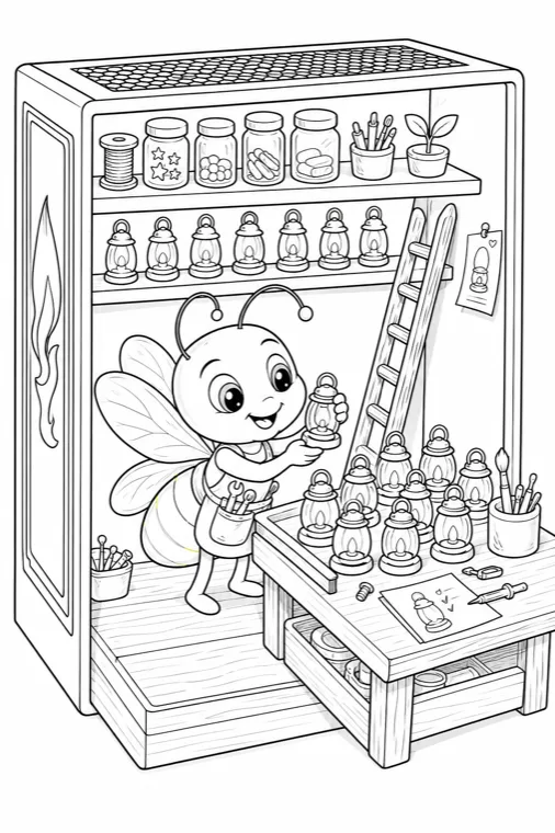 A coloring-book page: a bee in an apron arranging lanterns on a workbench