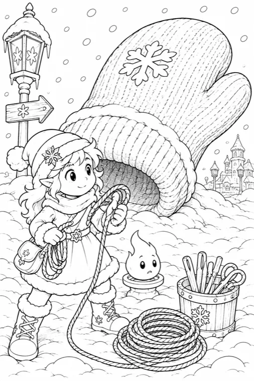 A coloring-book page from a twelve-scene story