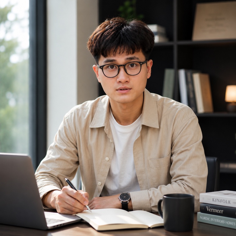 Thiện Nhân at a desk, writing in a notebook beside a laptop